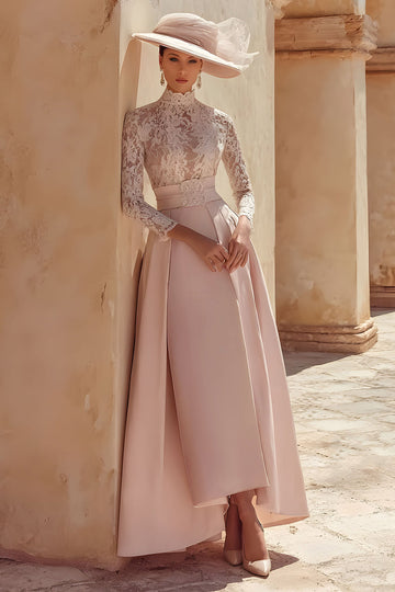 Rose bonbon Une ligne col haut longue Mère de la mariée Robe avec dentelle